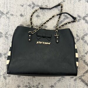 Betsey Johnson Black Bow Tote Chain Strap Handbag with Striped Sides
